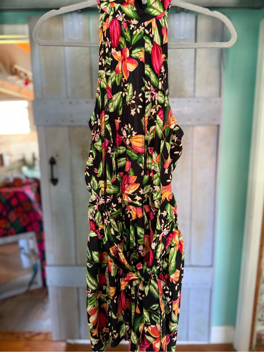 Nicole Miller Tropical Floral Halter Romper - Black Base with Bright Floral
